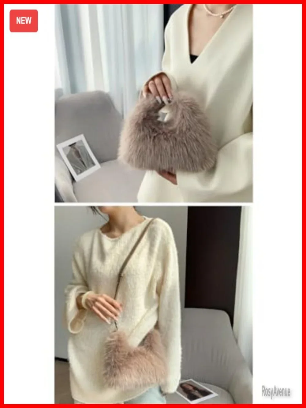 Faux Fox Fur Clutch Shoulder Crossbody Bag - Mini Furry Evening Bag